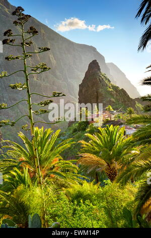 Masca villaggio con la sua caratteristica pinnacle nel centro, Tenerife, Isole Canarie Foto Stock