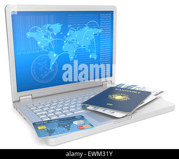 Computer portatile con passaporto blu, biglietti aerei e una carta di credito. Schermo blu con mappa del mondo. Non-Country golden blasone. Foto Stock