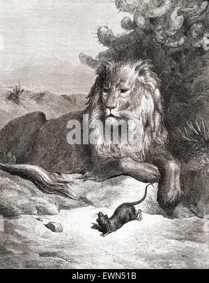 Gustave Doré dell'illustrazione di La Fontaine la favola del leone e il mouse (Le Lion et le Rat). Foto Stock