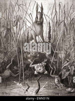 Gustave Doré dell'illustrazione di La Fontaine la favola la lepre e le rane, (Le Liévre et les Grenouilles). Foto Stock