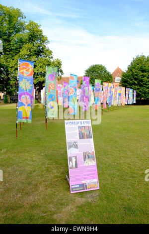 Colorata bandiera Batik Art installazione presso la Cattedrale di Salisbury WILTSHIRE REGNO UNITO Foto Stock