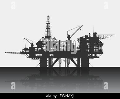 Mare oil rig. Piattaforma petrolifera nel mare profondo. Dettagliata illustrazione vettoriale. Illustrazione Vettoriale