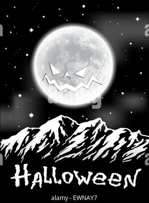 Sfondo di Halloween con la luna piena sulle montagne. Illustrazione Vettoriale. Illustrazione Vettoriale