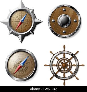 Insieme di acciaio e legno Elementi nautici isolato su bianco - bussola, volante e protezione. Dettagliata illustrazione vettoriale. Illustrazione Vettoriale