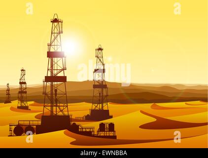Paesaggio con impianti di trivellazione del petrolio in arido deserto con dune di sabbia. Dettagliata illustrazione vettoriale. Illustrazione Vettoriale