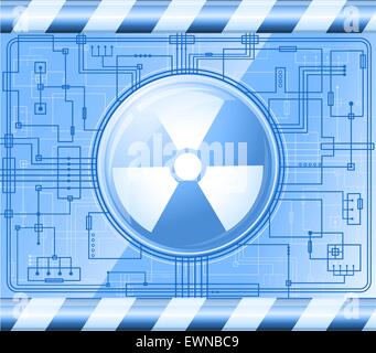 Microchip blu lucida con il pulsante con il segno di radiazione.EPS10. Tutti gli elementi trasparenti può essere facilmente rimosso. Illustrazione Vettoriale