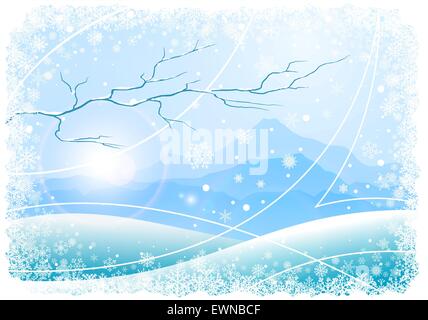 Sfondo di Natale con i fiocchi di neve, montagne e l'albero. Eps vettoriali10. Illustrazione Vettoriale