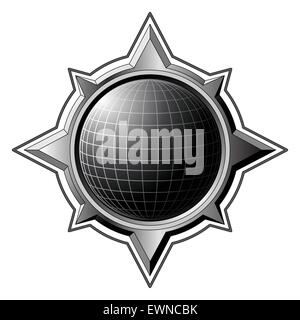 Globo nera all'interno della bussola in acciaio rose Illustrazione Vettoriale