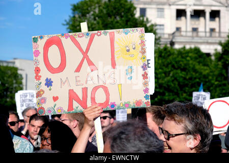 Un manifestante detiene una lettura della targhetta ' OXI significa nessun' Foto Stock