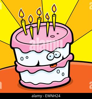 Un felice cartoon torta di compleanno con candele. Illustrazione Vettoriale