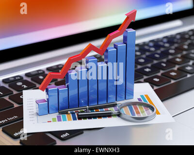 3D rendering di lente di ingrandimento e il documento di lavoro con un diagramma grafico sulla tastiera del notebook. Soft focus illustrazione Foto Stock