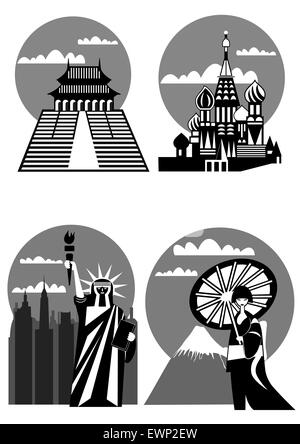 Diversi famosi monumenti e luoghi di interesse - Giappone, New York, Estremo Oriente, Mosca Illustrazione Vettoriale
