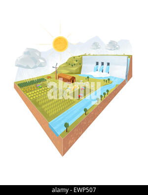 Il design 3D della diga e del progetto di irrigazione su sfondo bianco Foto Stock