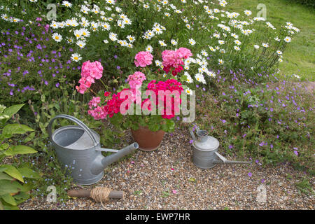 Giardino ancora vita gerani pedane. e innaffiatoi Foto Stock