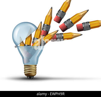 Fantasia e creatività nozione come un open lampadina o lampadina simbolo per fuori della scatola pensando con un gruppo di matite essendo rilasciato dall'interno come creative network marketing communication. Foto Stock
