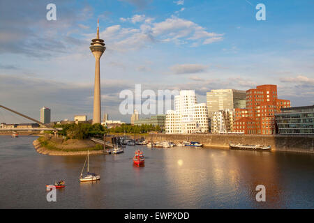 L'Europa, in Germania, in Renania settentrionale-Vestfalia, Duesseldorf, visualizzare gli edifici Neuer Zollhof da Frank O. Gehry, la Stadttor e th Foto Stock