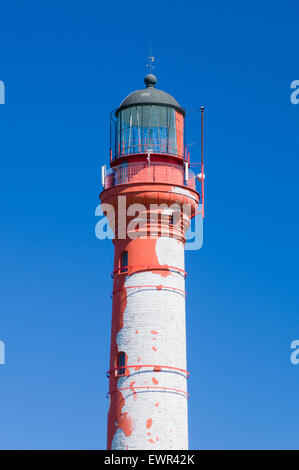 Primo piano sulla parte superiore del faro Pakri contro il cielo blu, Paldiski, Estonia Foto Stock