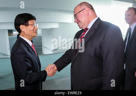 Berlino, Germania. Il 29 giugno, 2015. Meng Jianzhu (L), il presidente cinese Xi Jinping è inviato speciale, un membro dell'ufficio politico del Comitato Centrale del Partito Comunista della Cina (CPC) e capo della commissione per la politica e gli affari legali della CPC Comitato Centrale, risponde con testa della Germania Cancelleria federale Peter ALTMAIER a Berlino, Germania, 29 giugno 2015. © Zhang ventola/Xinhua/Alamy Live News Foto Stock