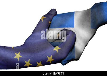 Handshake diplomatiche tra paesi: bandiere dell Unione Europea e della Grecia sovradipinta le due mani Foto Stock