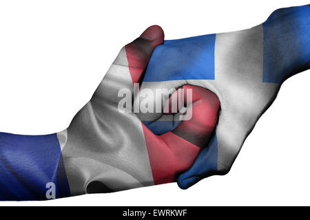Handshake diplomatiche tra paesi: bandiere di Francia e Grecia sovradipinta le due mani Foto Stock