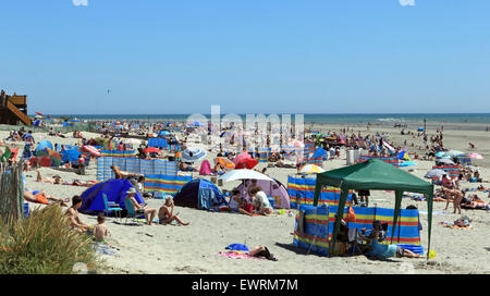 West Wittering Beach, West Sussex, Regno Unito. Il 30 giugno, 2015. Il giorno più caldo dell'anno finora raggiunto temperature di 26 gradi sulla costa sud di West Wittering. Migliaia di adoratori del sole prendere per la spiaggia di sabbia con una leggera brezza e infinite blues skies facendo un giorno perfetto. Credito: Julia Gavin UK/Alamy Live News Foto Stock