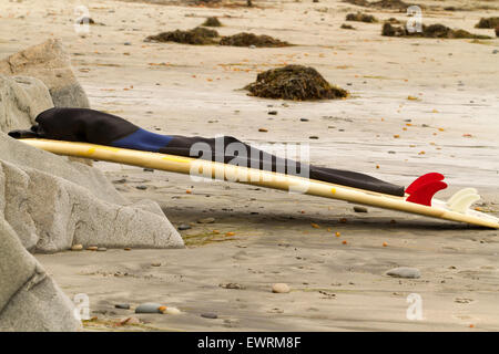 Tavola da surf poggiando su rocce di swami beach a san Diego in California Foto Stock