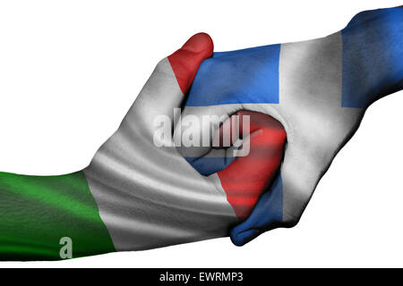 Handshake diplomatiche tra paesi: bandiere di Italia e Grecia sovradipinta le due mani Foto Stock