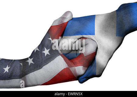 Handshake diplomatiche tra paesi: bandiere di Stati Uniti e Grecia sovradipinta le due mani Foto Stock