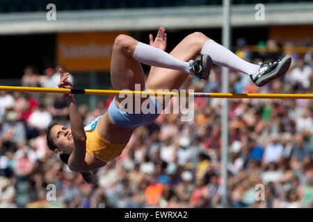 Alessia TROST a competere in Donne Salto in alto, IAAF Diamond League 2015, Alexander Stadium, Birmingham, Regno Unito, 7 giugno 2015. Foto Stock