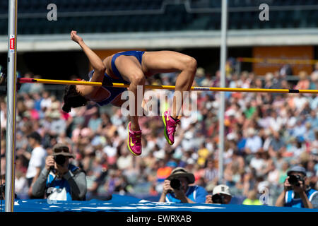 Morgan lago a competere in Donne Salto in alto, IAAF Diamond League 2015, Alexander Stadium, Birmingham, Regno Unito, 7 giugno 2015. Foto Stock