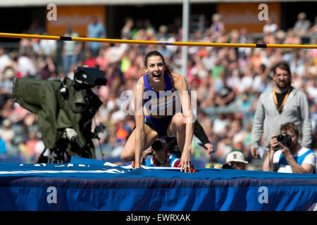 Isobel POOLEY a competere in Donne Salto in alto, IAAF Diamond League 2015, Alexander Stadium, Birmingham, Regno Unito, 7 giugno 2015. Foto Stock