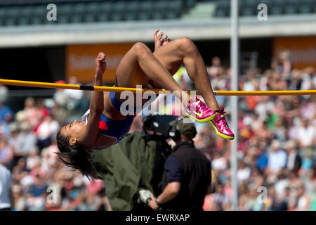 Morgan lago a competere in Donne Salto in alto, IAAF Diamond League 2015, Alexander Stadium, Birmingham, Regno Unito, 7 giugno 2015. Foto Stock