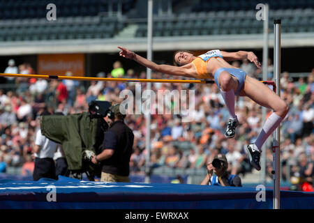 Alessia TROST a competere in Donne Salto in alto, IAAF Diamond League 2015, Alexander Stadium, Birmingham, Regno Unito, 7 giugno 2015. Foto Stock