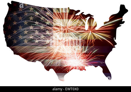 Stati Uniti d'America bandiera degli Stati Uniti nella mappa di contorno di Silhouette con fuochi d'artificio sfondo per il 4 di luglio illustrazione Foto Stock