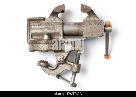 Tavolo in metallo morsa per uso industriale con un apertura ganasce isolati su sfondo bianco Foto Stock