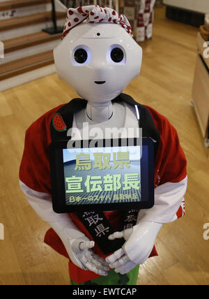 Tokyo, Giappone. 1 Luglio, 2015. Un Softbank il robot umanoide 'Pepe' funziona come un personale part time presso un negozio specializzato di vendita prefettura di Tottori i propri prodotti in Tokyo, Giappone, 1 luglio 2015. 'Pepe' lavorerà presso il negozio fino al 2 luglio con 1500 JPY (circa 12 dollari USA) per ora. Credito: Stringer/Xinhua/Alamy Live News Foto Stock