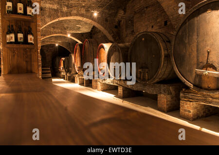 Cantina con vecchie botti in legno, Abbazia di Monte Oliveto Maggiore, Toscana, Italia Foto Stock