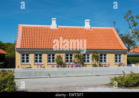 Tipica casa di Skagen con tetto di tegole rosse e white Picket Fence, Skagen, regione dello Jutland settentrionale, Danimarca Foto Stock