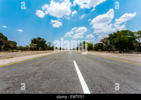 Strada infinita in Namibia, Caprivi Game Park, con cielo blu Foto Stock