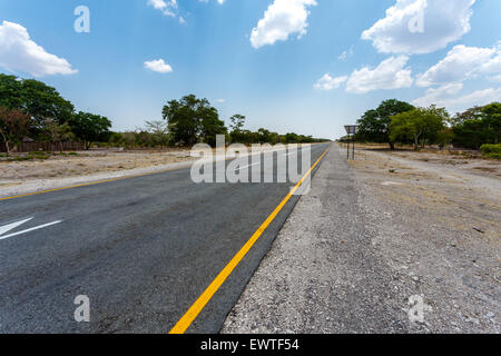 Strada infinita in Namibia, Caprivi Game Park, con cielo blu Foto Stock