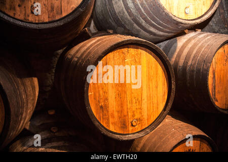 Di barili del famoso vino di Porto. Qui a Sandemans cantina. Il tour delle cantine termina con la possibilità di degustare la fa Foto Stock