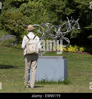 Gli studi del visitatore di una scultura in acciaio a Borde Hill Gardens in West Sussex Foto Stock