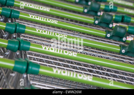 File di carrelli vuoti Waitrose fuori dal negozio Waitrose a Salisbury, Wiltshire Regno Unito nel mese di giugno Foto Stock