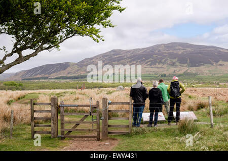 I visitatori per la lettura di informazioni delle schede per Machrie Moor circoli di pietra sulla isola di Arran, North Ayrshire, Strathclyde, Scozia, Regno Unito Foto Stock