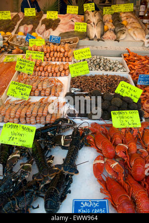 Pesce e frutti di mare in vendita presso il mercato del pesce di Trouville, Francia Foto Stock