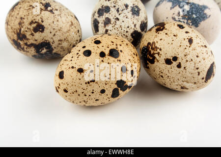 Cinque uova di quaglia su sfondo bianco, close up Foto Stock