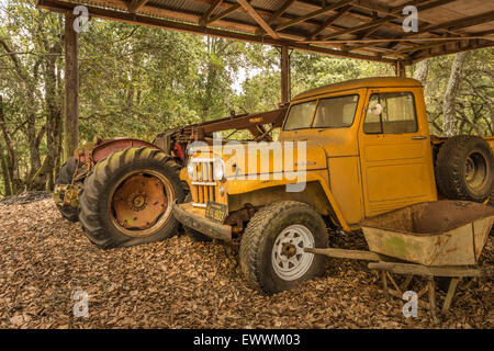 1954 Jeep Willys pick up truck, vintage il trattore e la vecchia carriola in carport Foto Stock