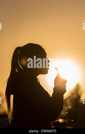 Ragazza adolescente retroilluminati da sole soffia un tarassaco seme head, semi cattura la luce del sole spazio Copia a destra in alto di immagine Foto Stock