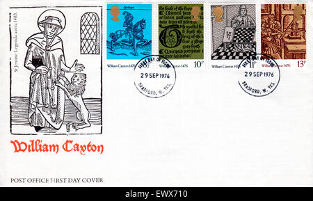 Filatelia, William Caxton 600 anniversario della invenzione della stampa Regno Unito primo giorno coperchio e timbri Foto Stock