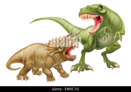 T Rex Versus Triceratops illustrazione con un tyrannosaurs rex attaccando un dinosauro triceratops Foto Stock